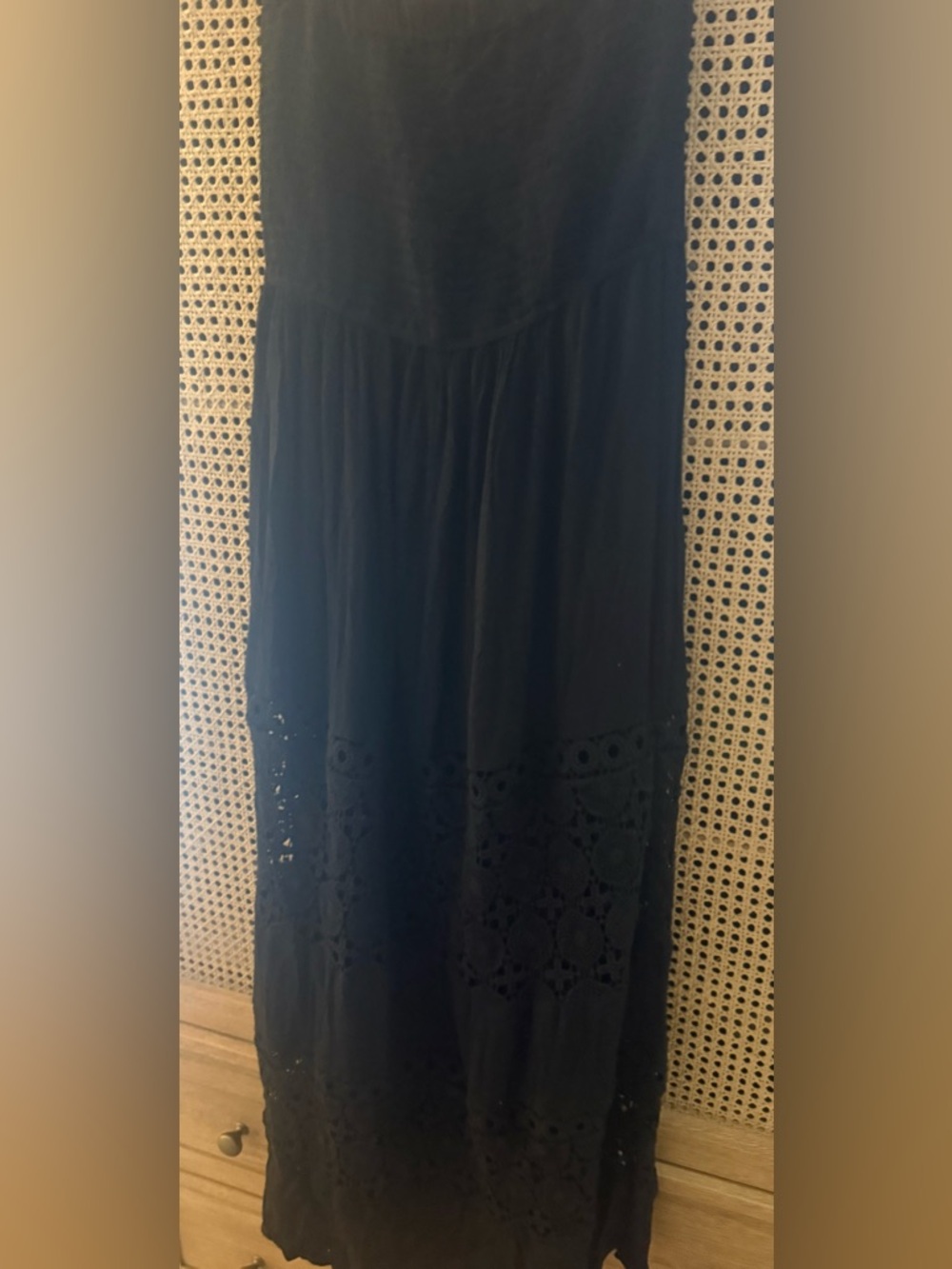 Black Maxi Strapless Dress with Crochet Panels